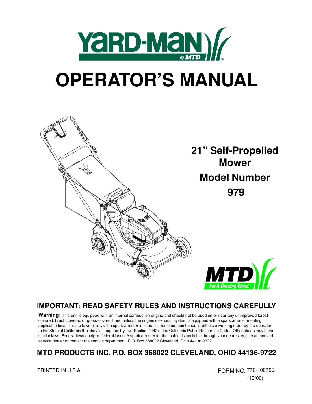 Bolens 979 manual OPERATOR’S Manual 