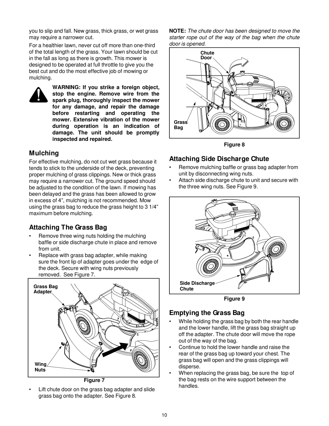 Bolens 979 manual Mulching, Attaching The Grass Bag, Attaching Side Discharge Chute, Emptying the Grass Bag 