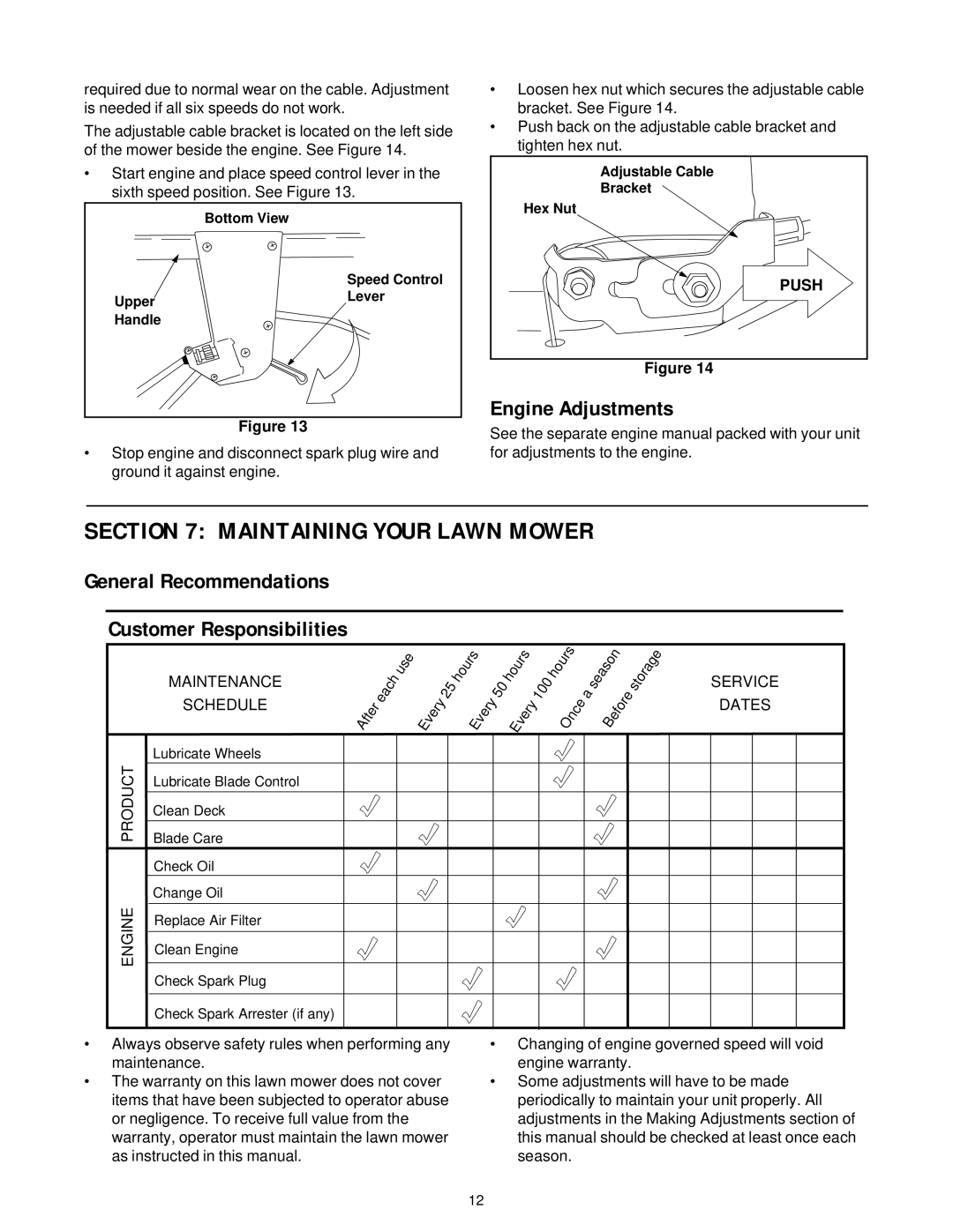 Bolens 979 manual Engine Adjustments, General Recommendations Customer Responsibilities 