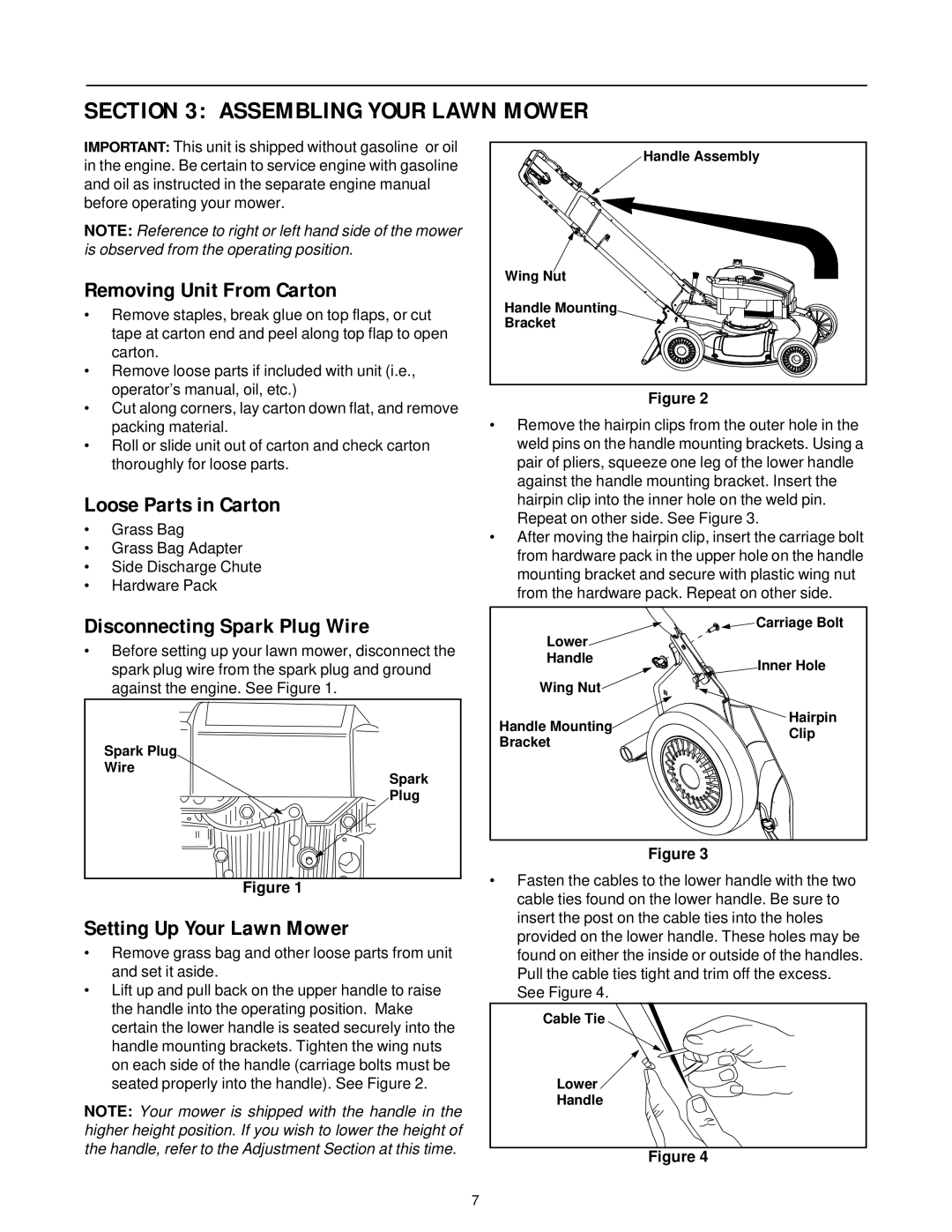 Bolens 979 Assembling Your Lawn Mower, Removing Unit From Carton, Loose Parts in Carton, Disconnecting Spark Plug Wire 