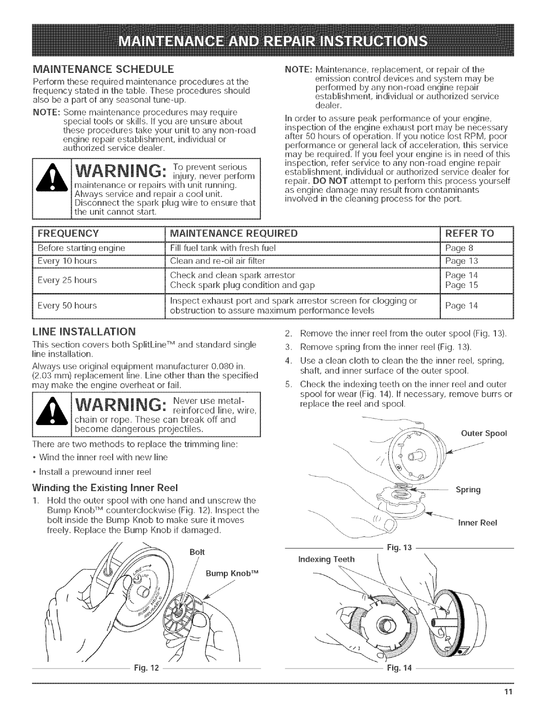 Bolens BL150 manual MAmNTENANCE, Schedule, UNE mNSTALLATmON, Frequency Mnntenance, Refer 