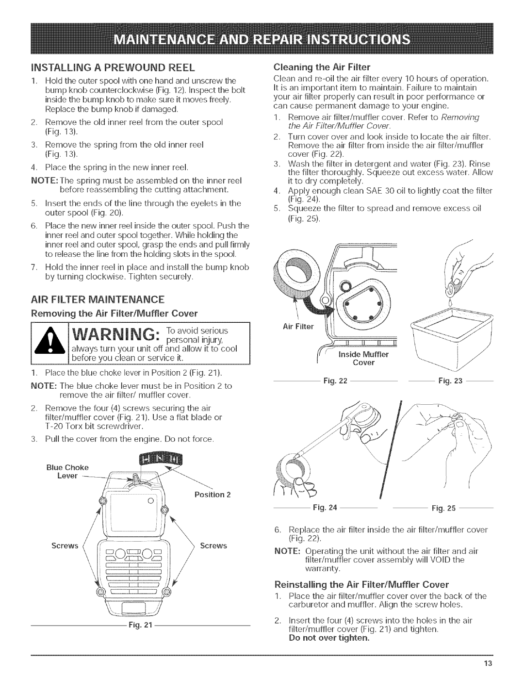 Bolens BL150 manual MNSTALUNG a Prewound Reel, AIR Filter Maintenance, Removing the Air Filter/Muffler Cover 