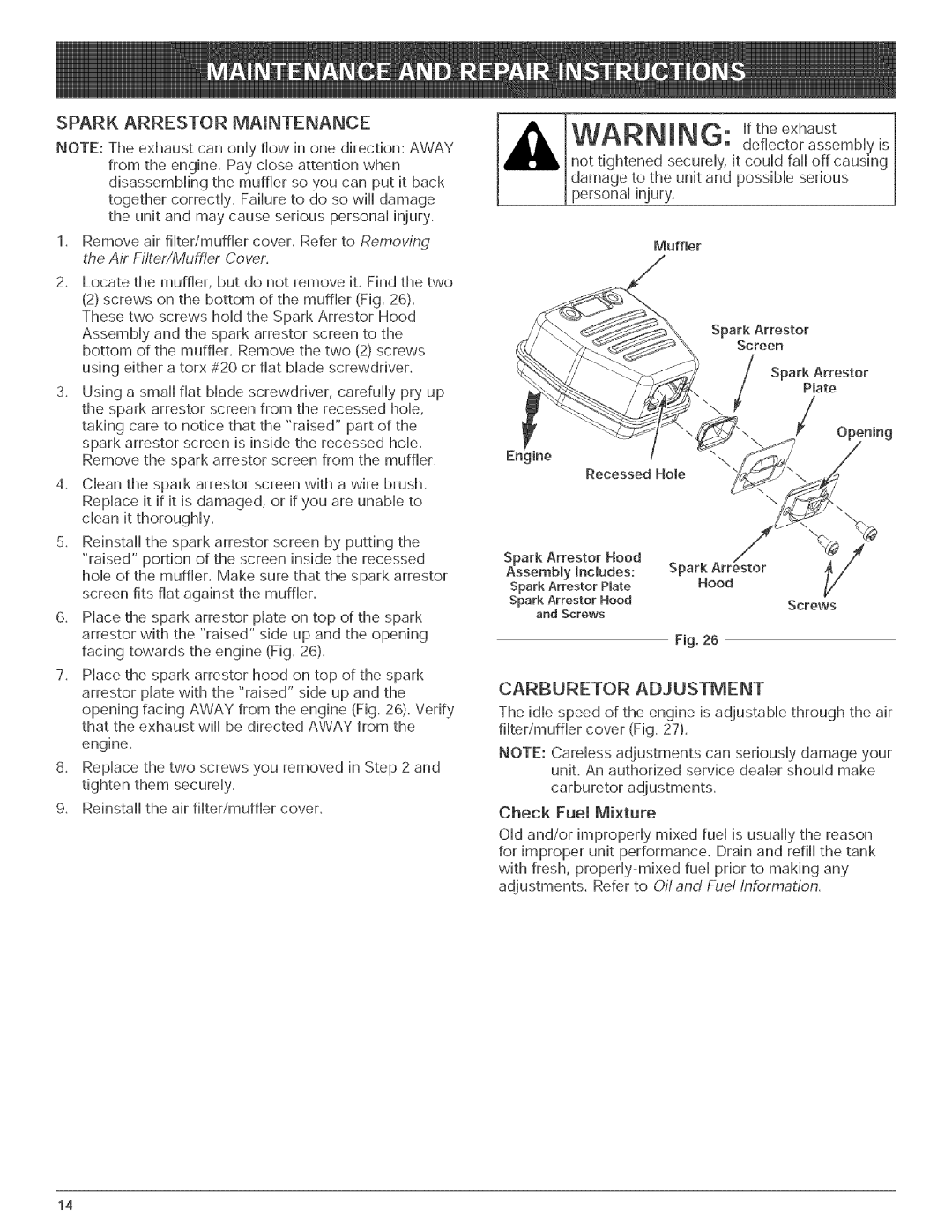 Bolens BL150 manual Spark Arrestor Maintenance, Carburetor Adjustment 