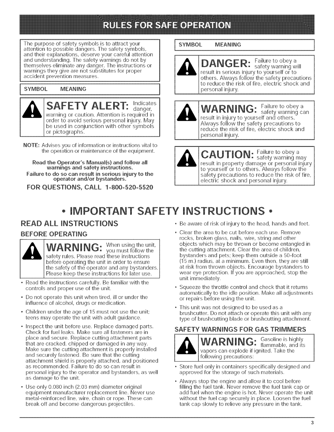 Bolens BL150 manual For QUESTIONS, Call 1o800o520o5520, Before Operating, Safety Warnings for GAS Trimmers, Symbol Meaning 