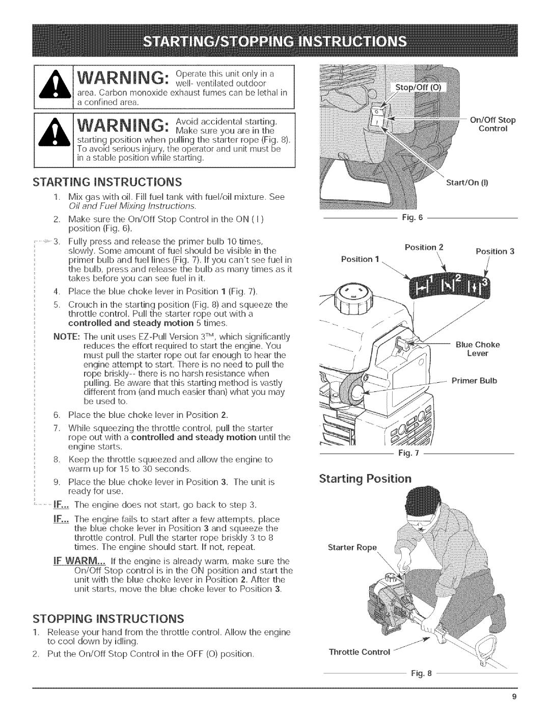 Bolens BL150 manual Starting Instructions, Starting Position 