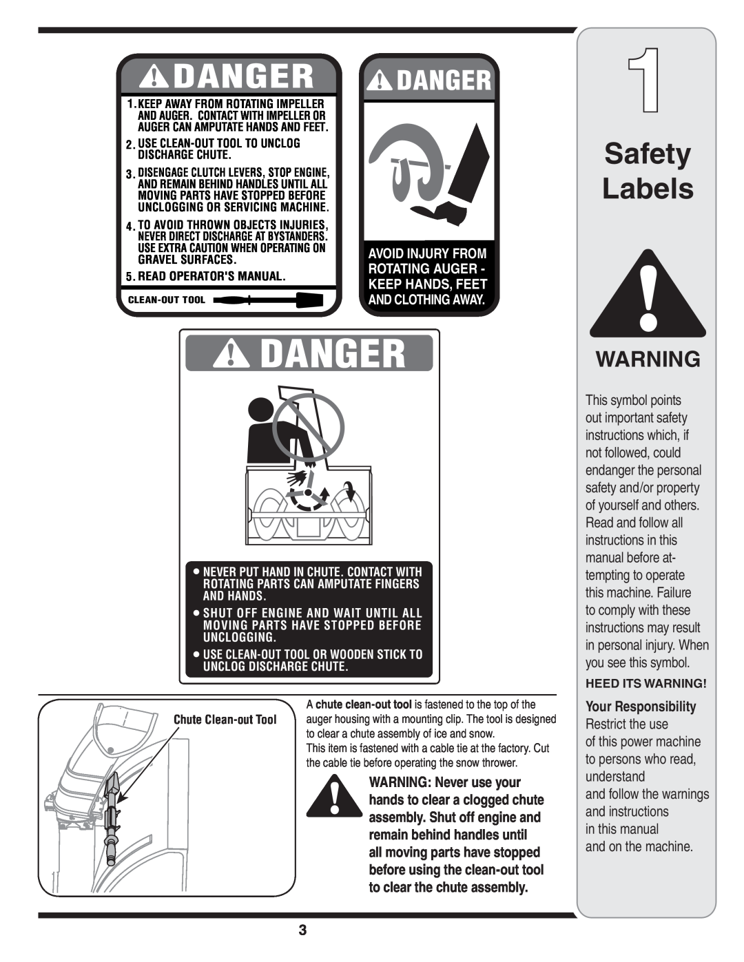 Bolens D Style Safety Labels, Restrict the use, in this manual and on the machine, Your Responsibility, Heed Its Warning 