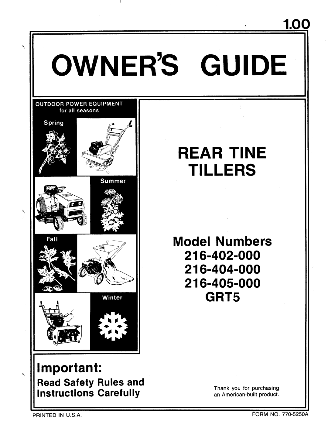 Bolens 216-404-000, Grt5, 216-405-000, 216-402-000 manual 