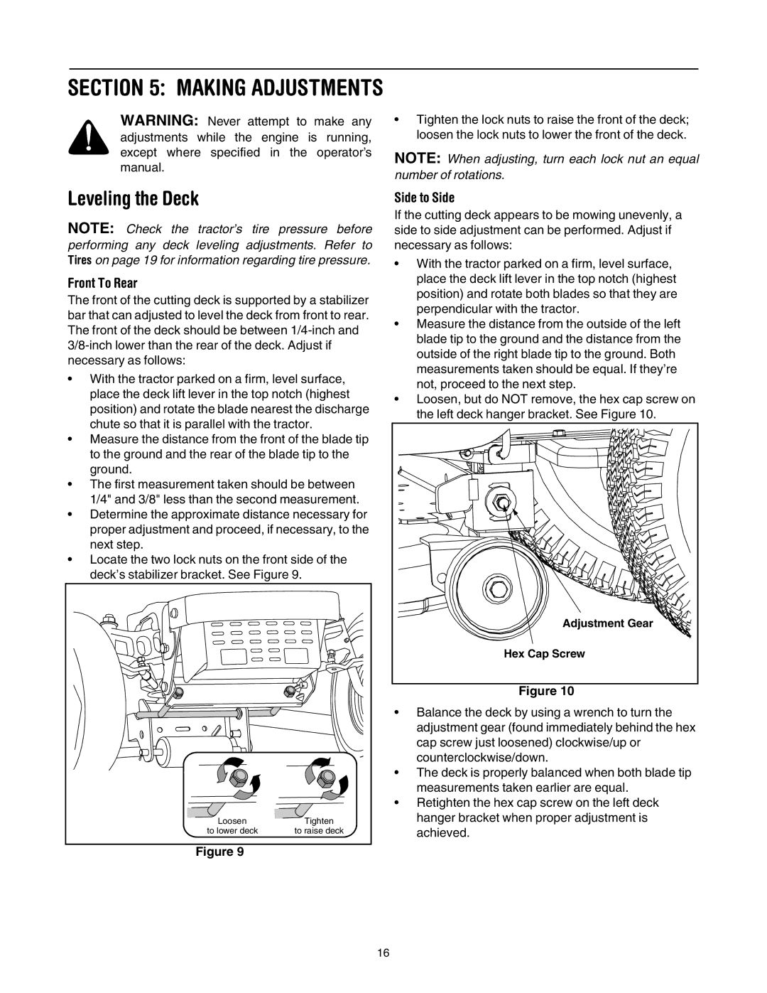 Bolens LT1024 manual Leveling the Deck, Making Adjustments 