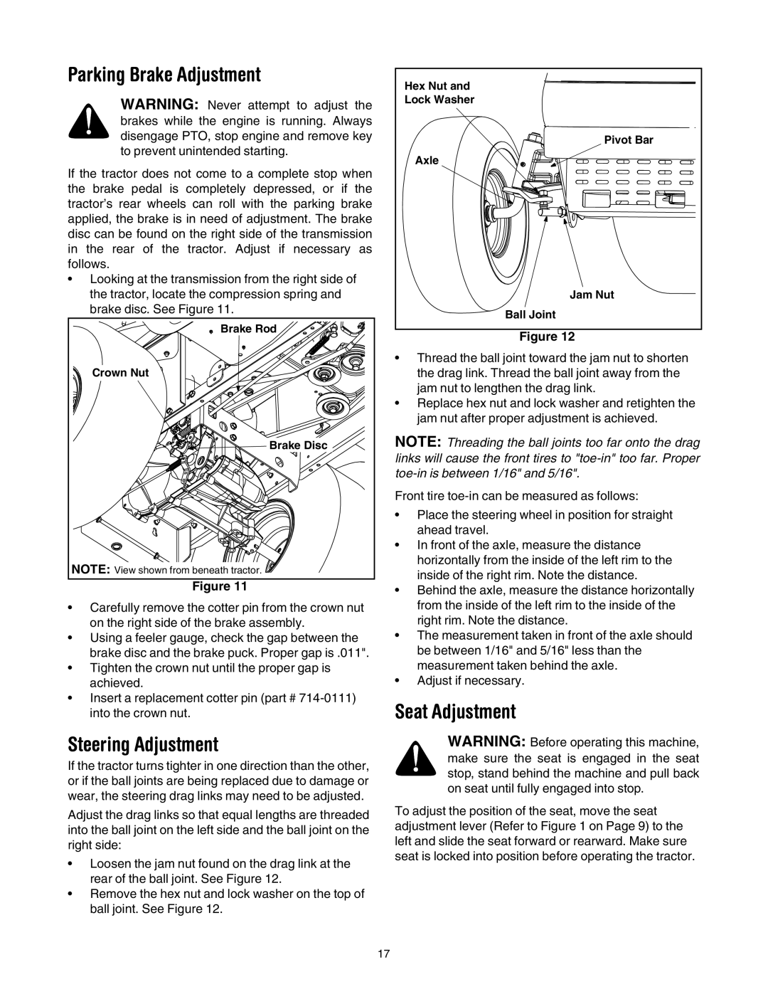 Bolens LT1024 manual Parking Brake Adjustment, Steering Adjustment, Seat Adjustment 