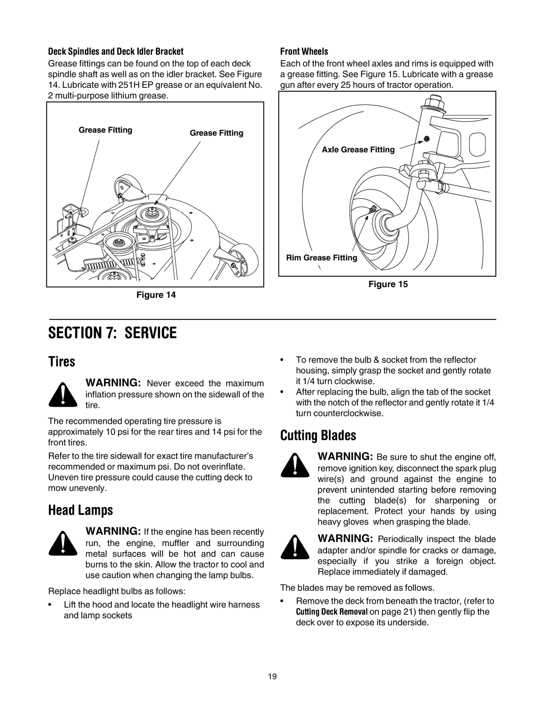 Bolens LT1024 manual Service, Tires, Head Lamps, Cutting Blades 