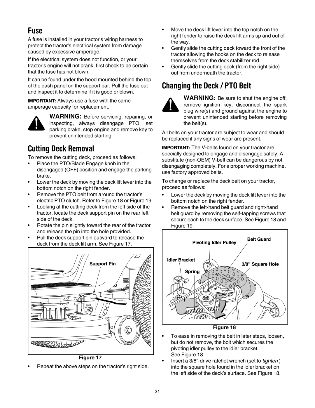 Bolens LT1024 manual Fuse, Cutting Deck Removal, Changing the Deck / PTO Belt 