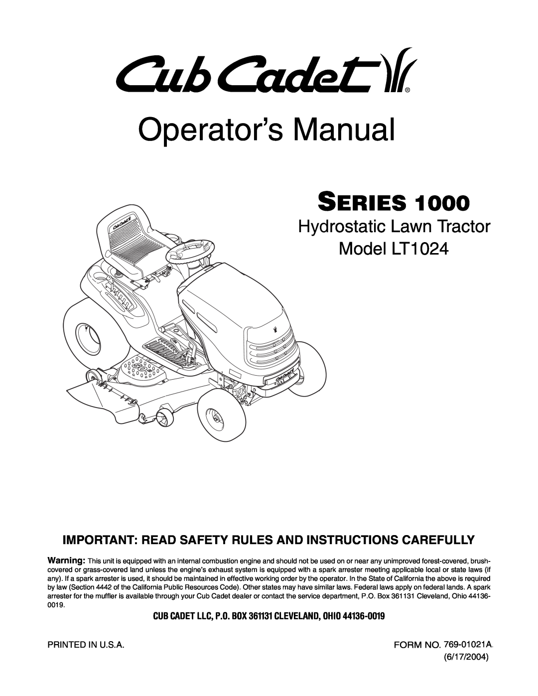 Bolens LT1024 manual CUB CADET LLC, P.O. BOX 361131 CLEVELAND, OHIO, Operator’s Manual, Series 