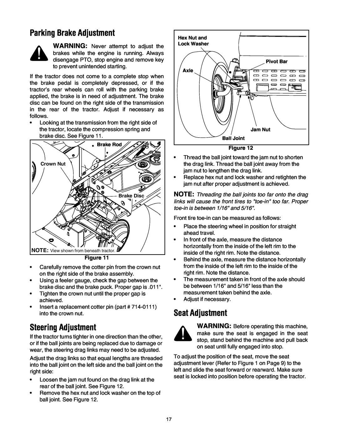Bolens LT1024 manual Parking Brake Adjustment, Steering Adjustment, Seat Adjustment, Figure 