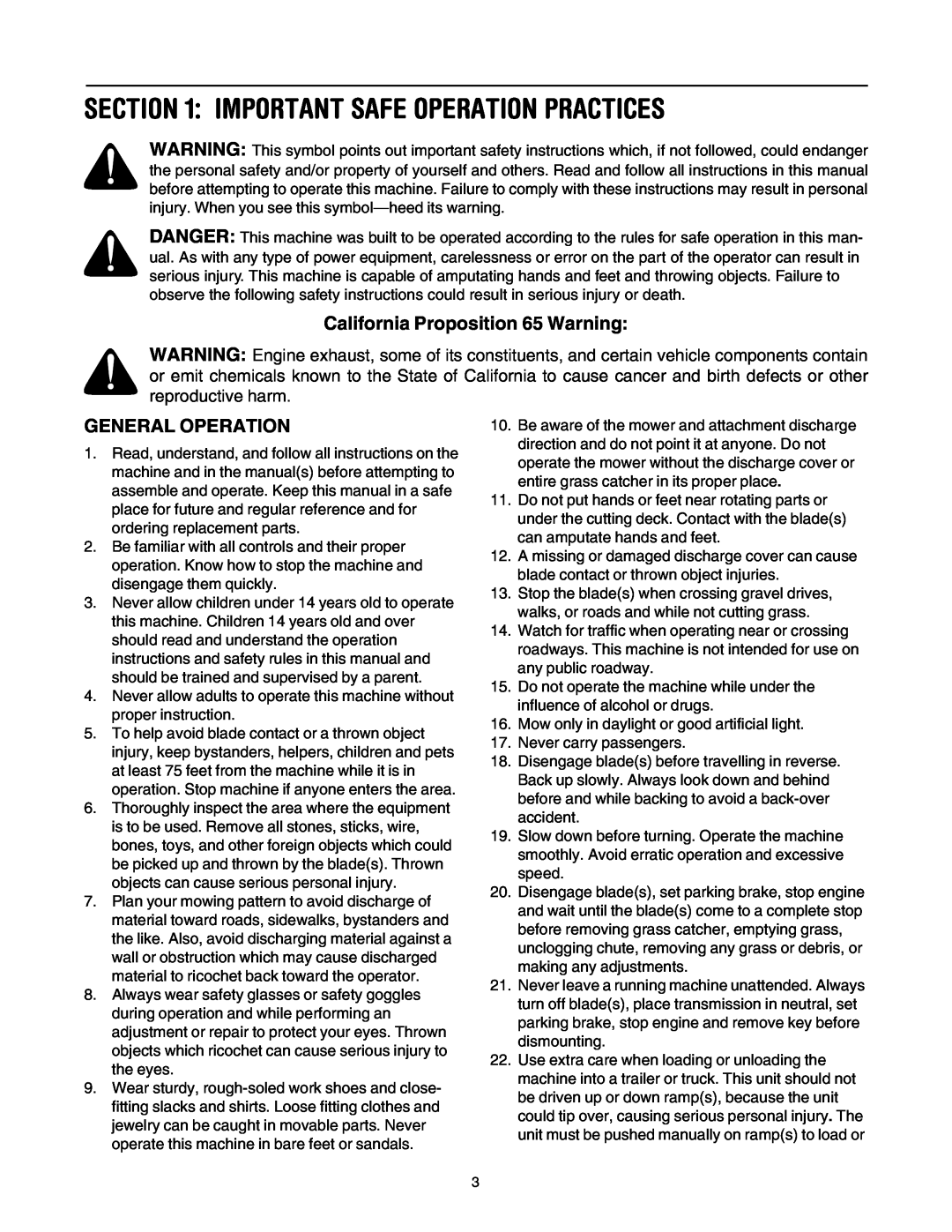 Bolens LT1024 manual Important Safe Operation Practices, California Proposition 65 Warning, General Operation 