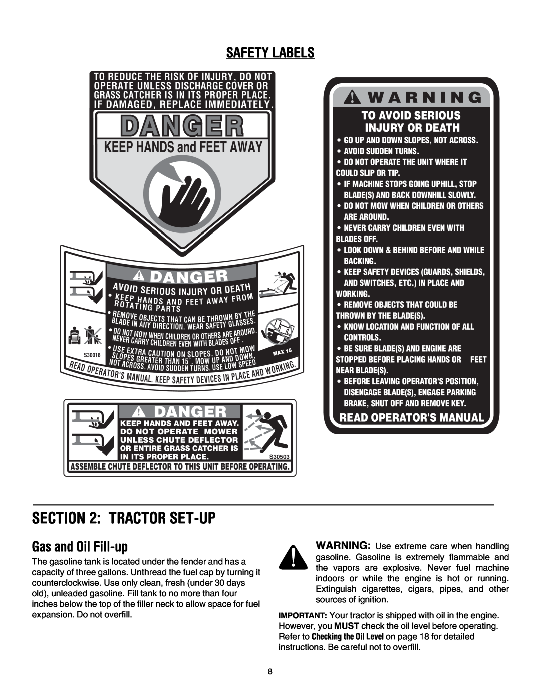 Bolens LT1024 manual Tractor Set-Up, Safety Labels, Gas and Oil Fill-up, Danger, W A R N I N G, Read Operators Manual 