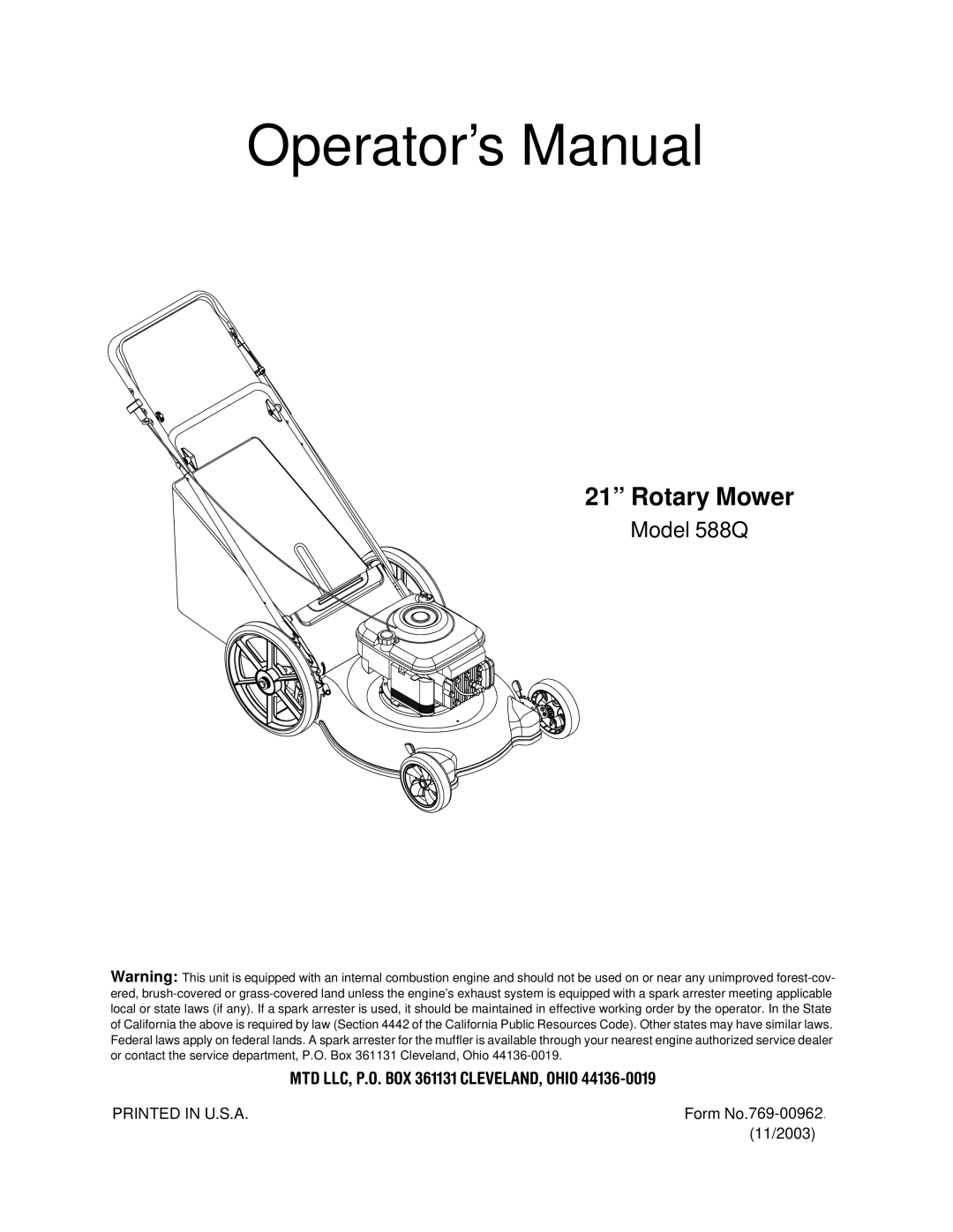 Bolens Model 588Q manual Operator’s Manual, MTD LLC, P.O. BOX 361131 CLEVELAND, Ohio 