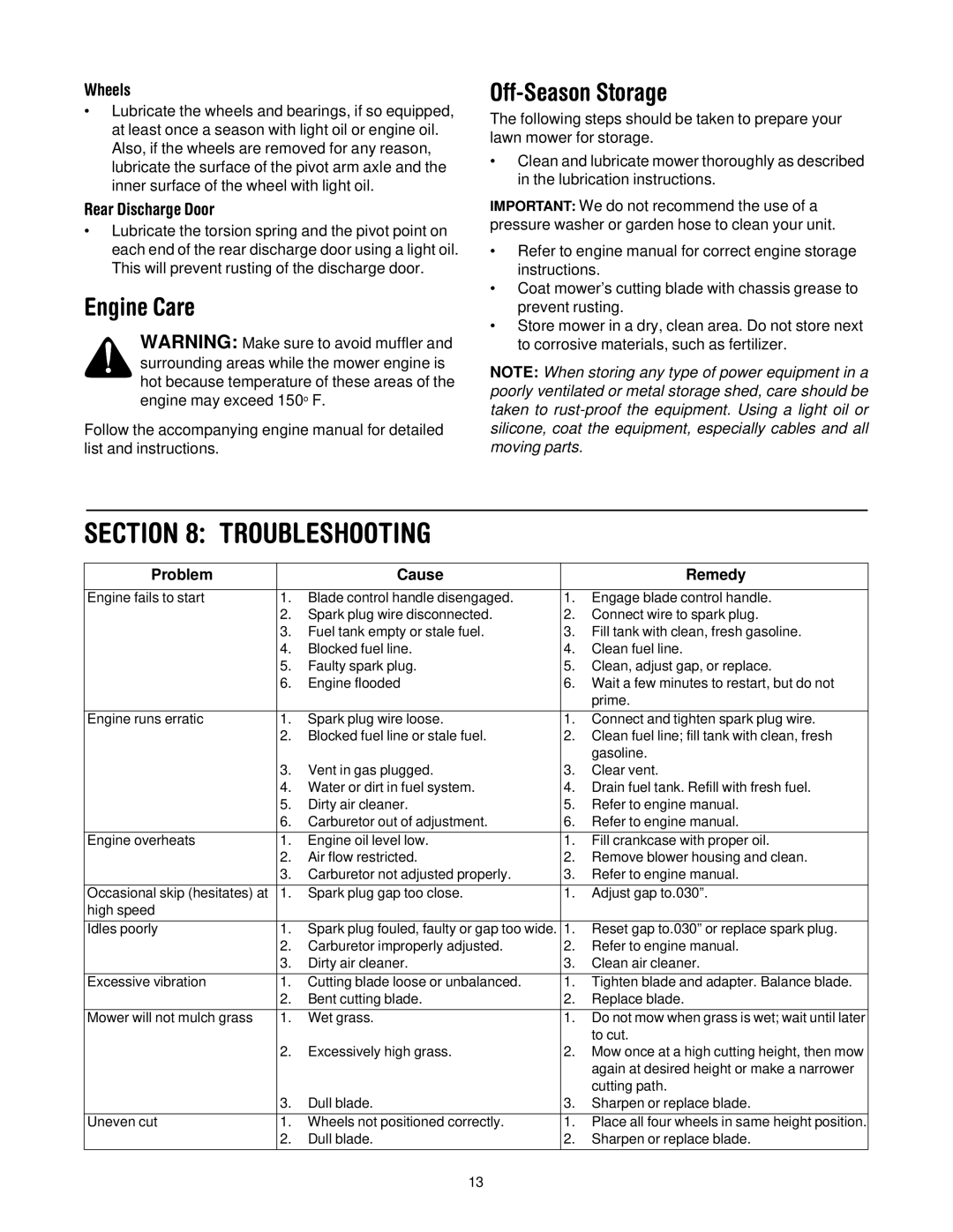 Bolens Model 588Q manual Troubleshooting, Engine Care, Off-Season Storage, Wheels, Rear Discharge Door 