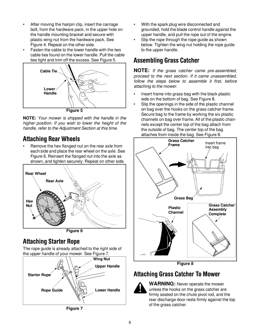 Bolens Model 588Q manual Attaching Rear Wheels, Attaching Starter Rope, Assembling Grass Catcher 