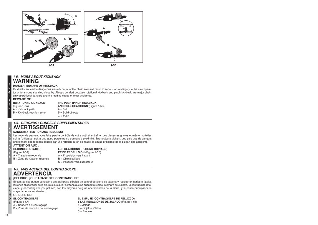 Bolens MS1630NT, MS1640NTCC user manual More about Kickback, Rebonds Conseils Supplementaires, MAS Acerca DEL Contragolpe 