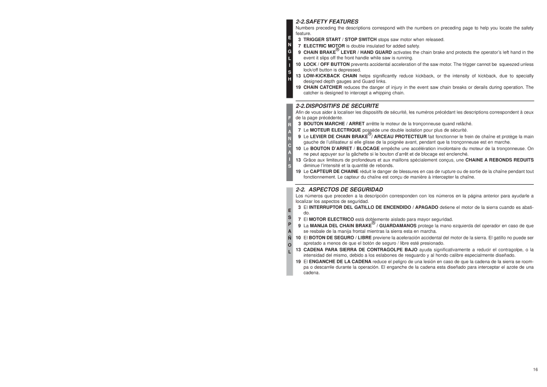 Bolens MS1640NTCC, MS1630NT user manual Safety Features, Dispositifs DE Securite, Aspectos DE Seguridad 