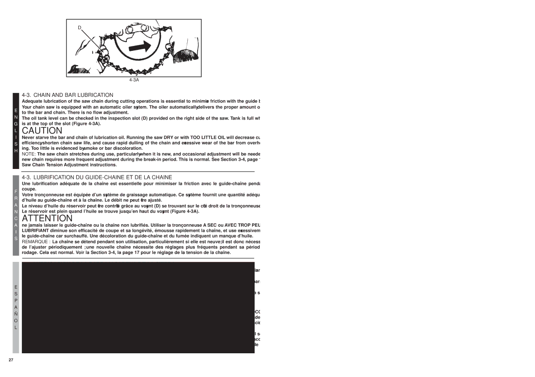 Bolens MS1630NT, MS1640NTCC user manual Chain and BAR Lubrication, Lubrification DU GUIDE-CHAINE ET DE LA Chaine 