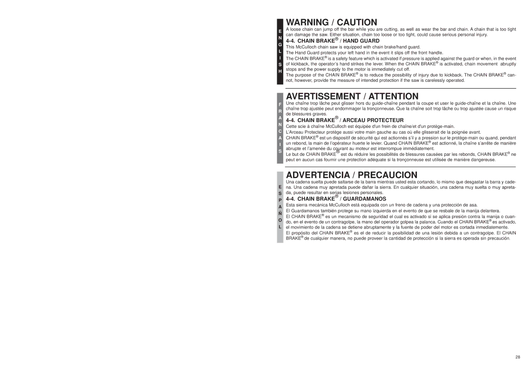 Bolens MS1640NTCC, MS1630NT user manual Chain Brake / Guardamanos 