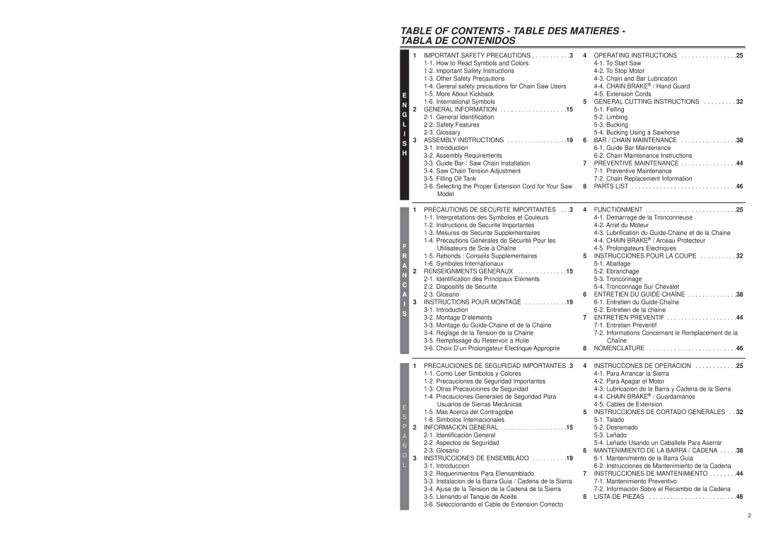 Bolens MS1640NTCC, MS1630NT user manual Table of Contents Table DES Matieres Tabla DE Contenidos 