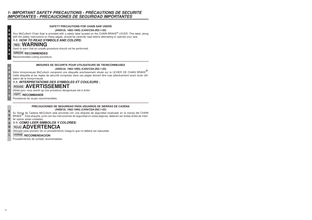 Bolens MS1630NT Avertissement, Rojo Advertencia, HOW to Read Symbols and Colors, Interpretations DES Symboles ET Couleurs 