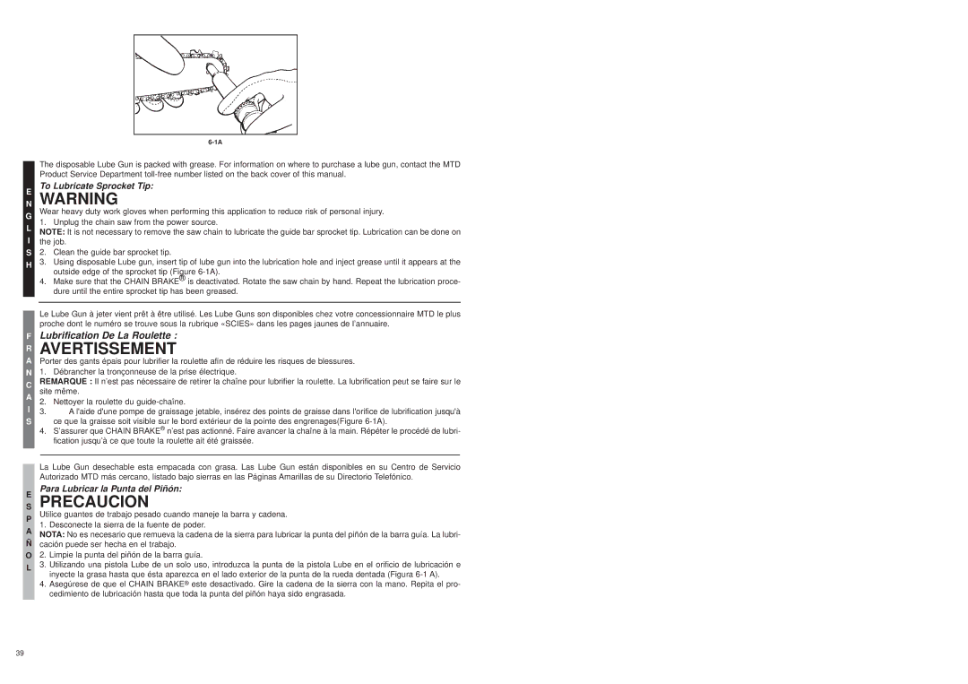 Bolens MS1630NT, MS1640NTCC user manual NE Warning, ES Precaucion 