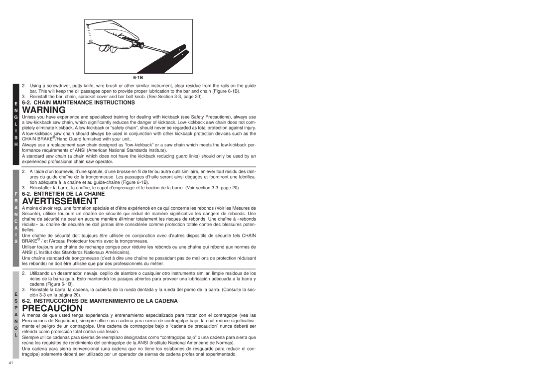 Bolens MS1630NT Chain Maintenance Instructions, Entretien DE LA Chaine, Instrucciones DE Mantenimiento DE LA Cadena 