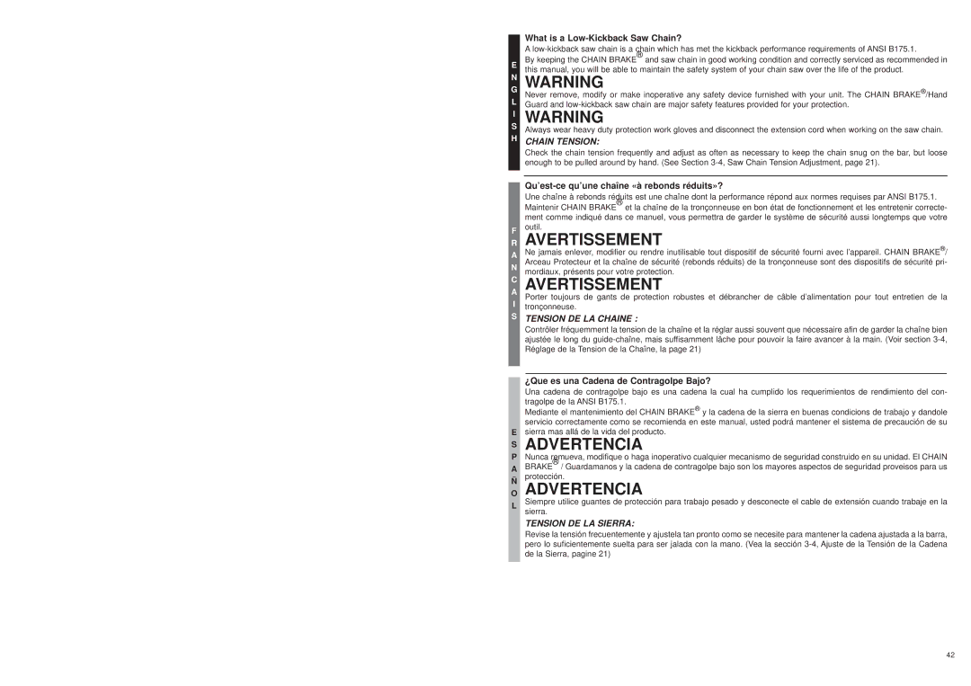 Bolens MS1640NTCC, MS1630NT user manual Chain Tension, Tension DE LA Chaine 