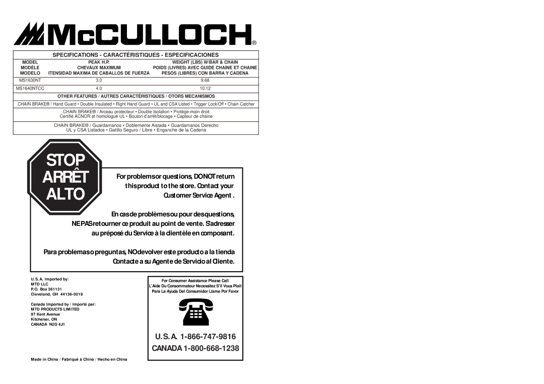 Bolens MS1630NT, MS1640NTCC user manual Specifications Caractéristiques Especificaciones, 10.12 