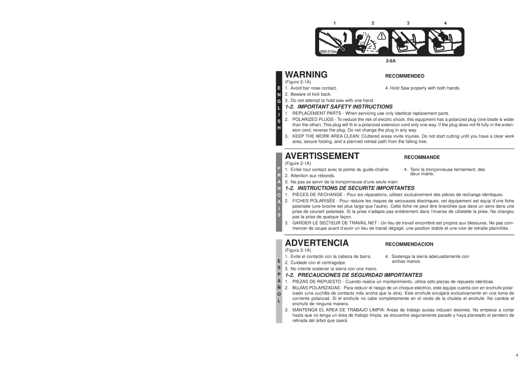 Bolens MS1640NTCC, MS1630NT Advertencia, Instructions DE Securite Importantes, Precauciones DE Seguridad Importantes 