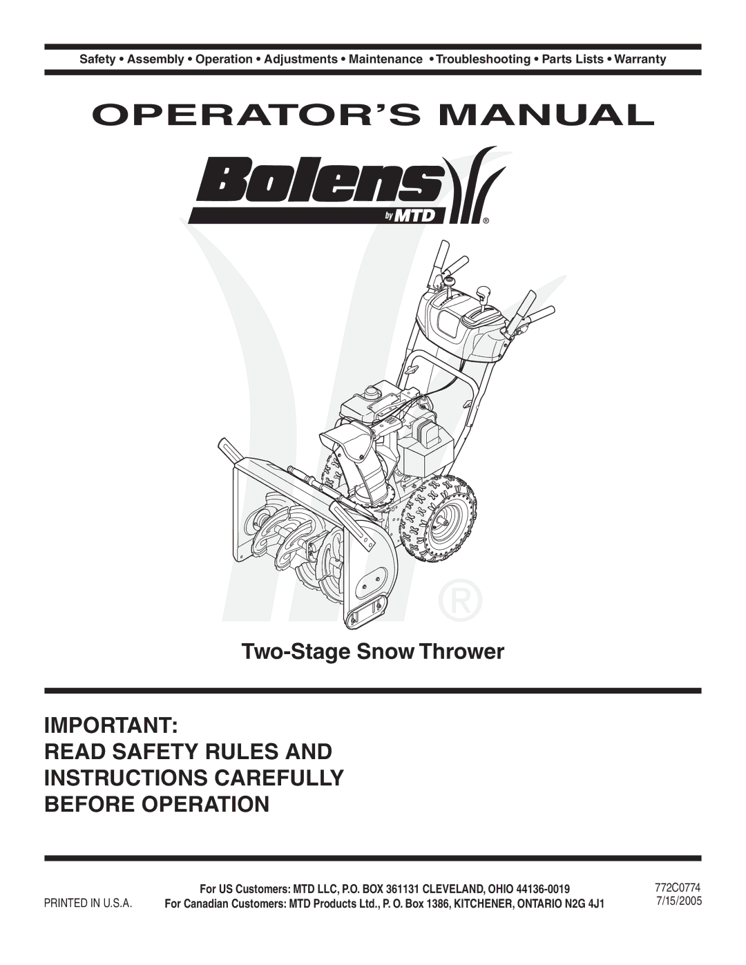 Bolens MTD warranty OPERATOR’S Manual, Two-Stage Snow Thrower 