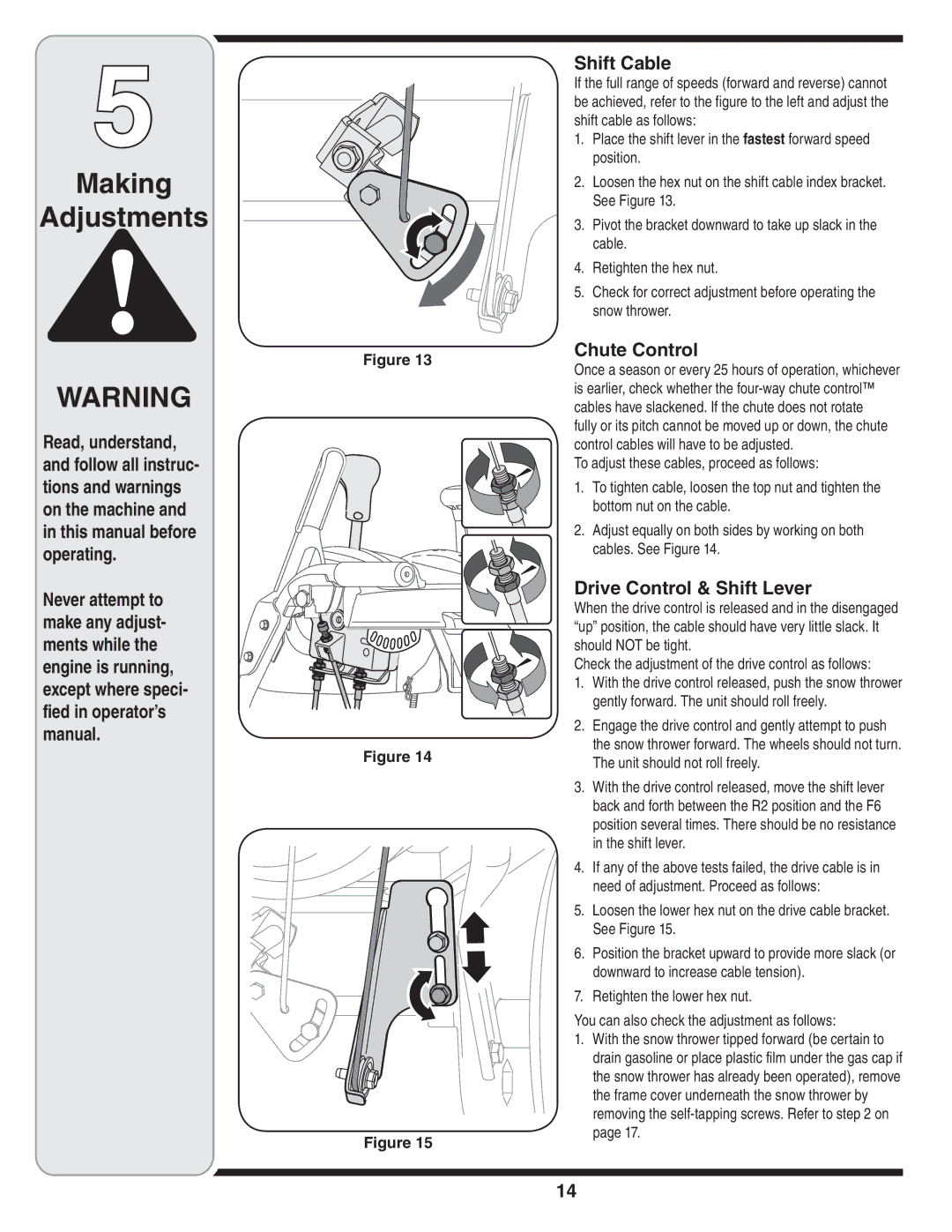 Bolens MTD warranty Making Adjustments, Shift Cable, Chute Control, Drive Control & Shift Lever 