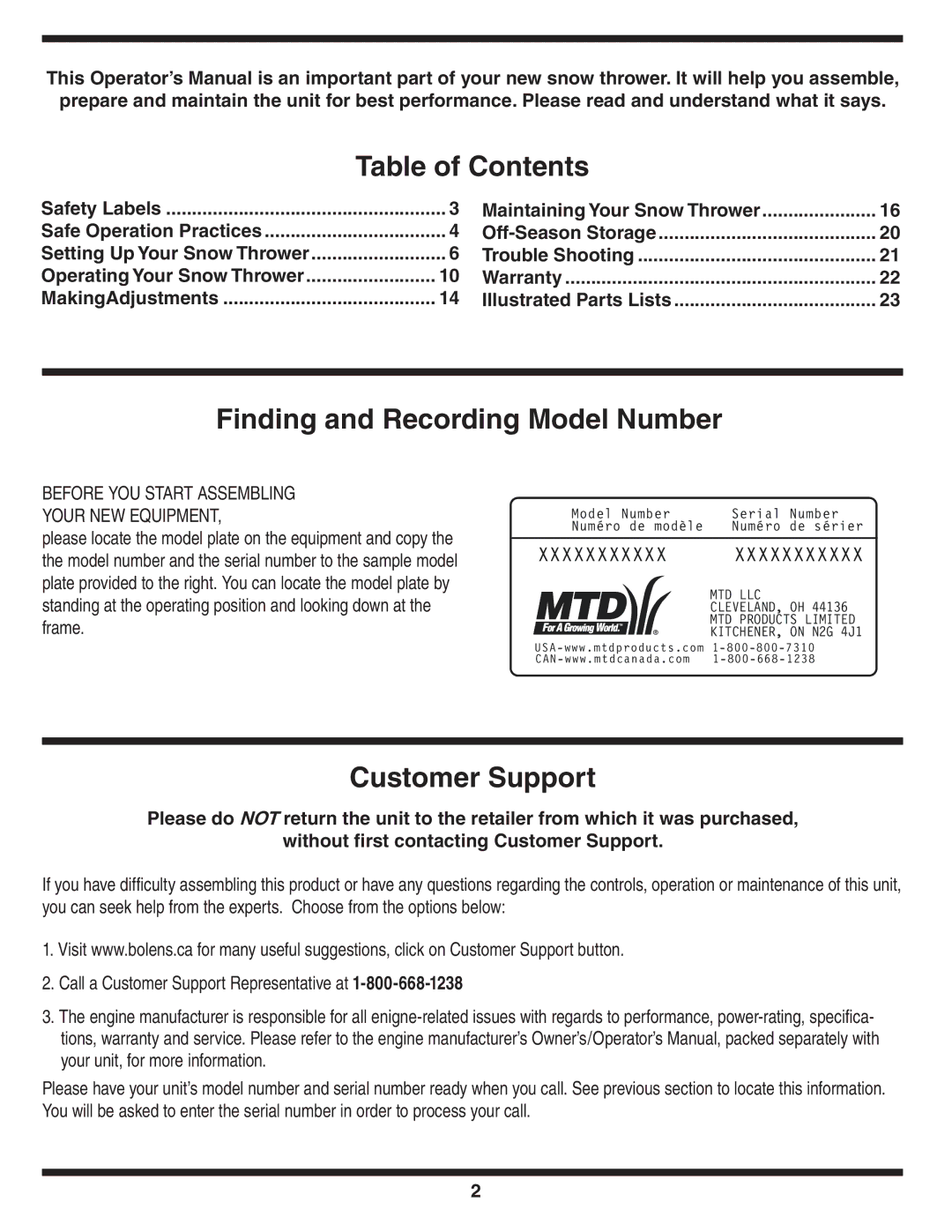 Bolens MTD warranty Table of Contents, Finding and Recording Model Number, Customer Support 