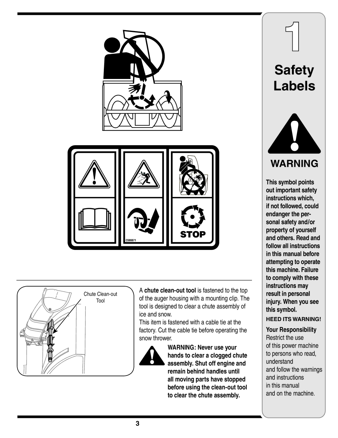 Bolens MTD warranty Chute Clean-out Tool, Your Responsibility Restrict the use 