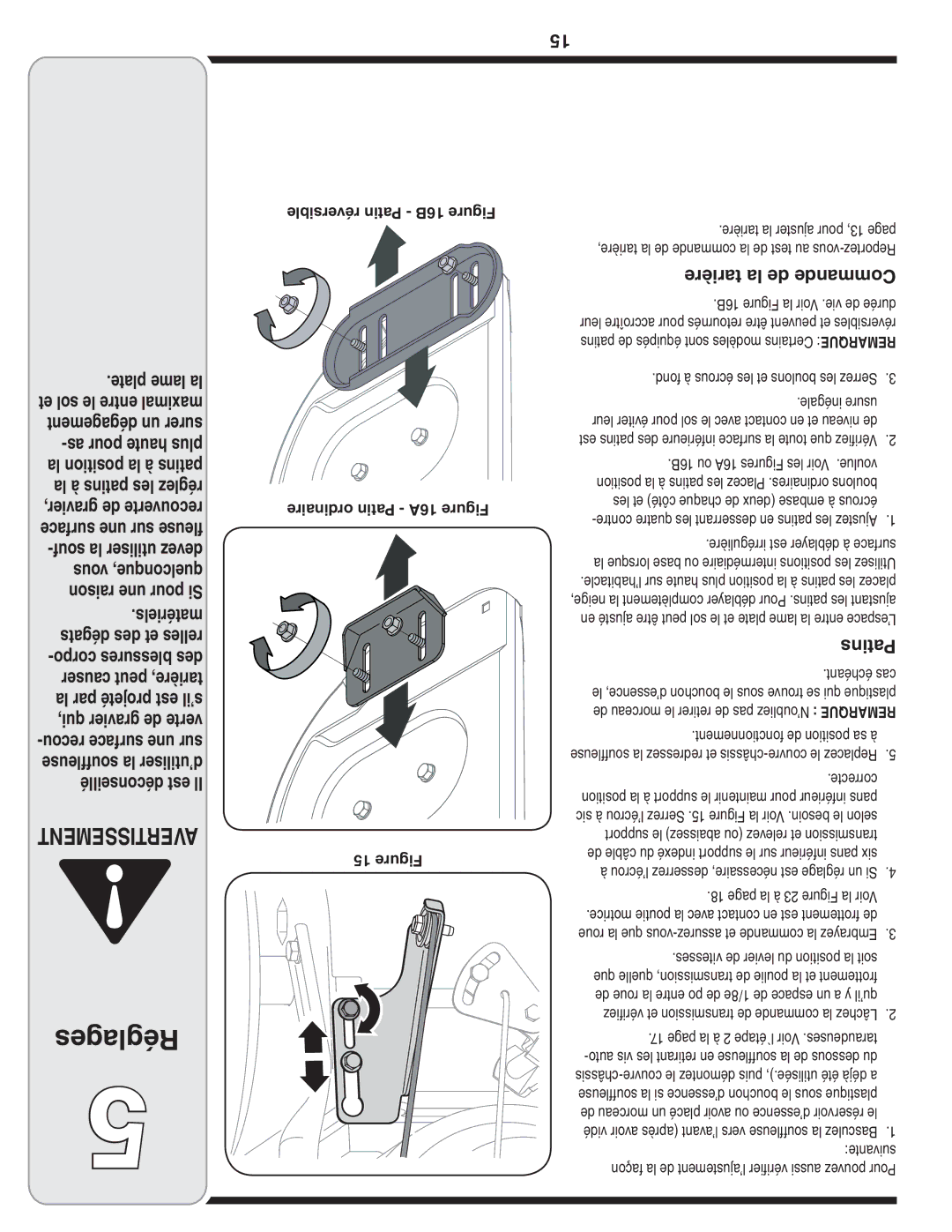 Bolens MTD warranty Réglages, Tarière la de Commande, Patins, Réversible Patin 16B Figure Ordinaire Patin 16A Figure 