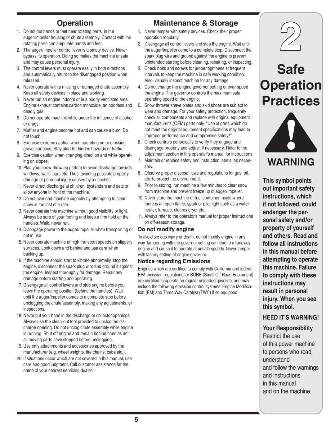 Bolens MTD warranty Operation, Do not modify engine 