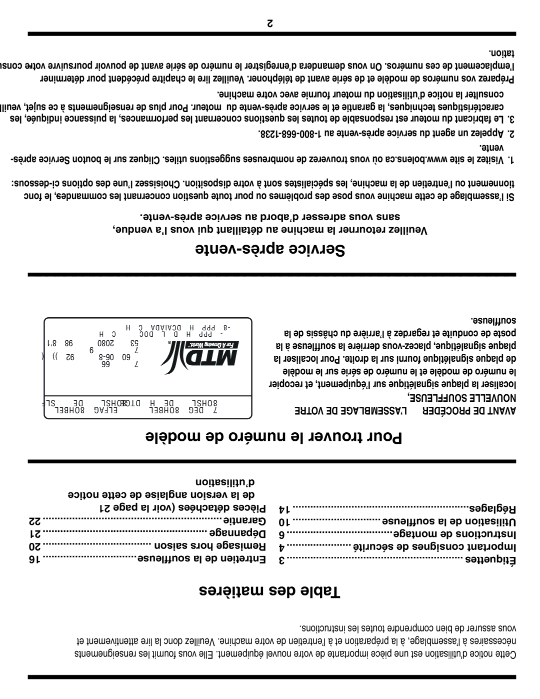 Bolens MTD warranty Vente-après Service, Modèle de numéro le trouver Pour, Matières des Table 