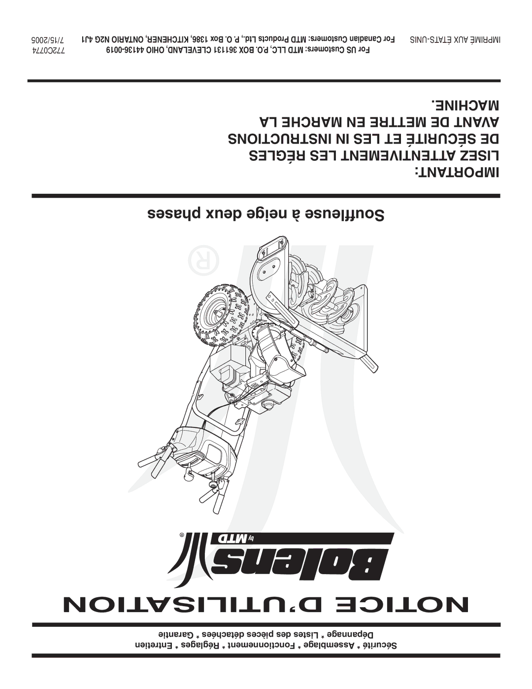 Bolens MTD warranty Phases deux neige à Soufﬂeuse, 15/2005, 772C0774 