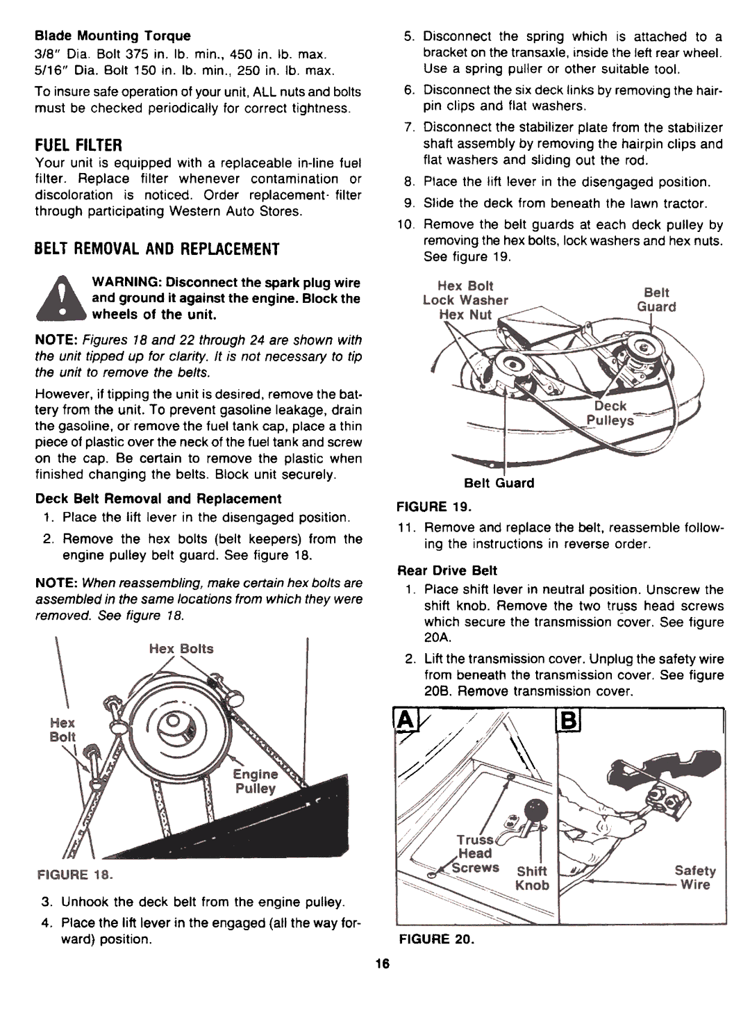 Bolens MTD7122B09 manual ~/3, Fuelfilter, Beltremovalandreplacement 