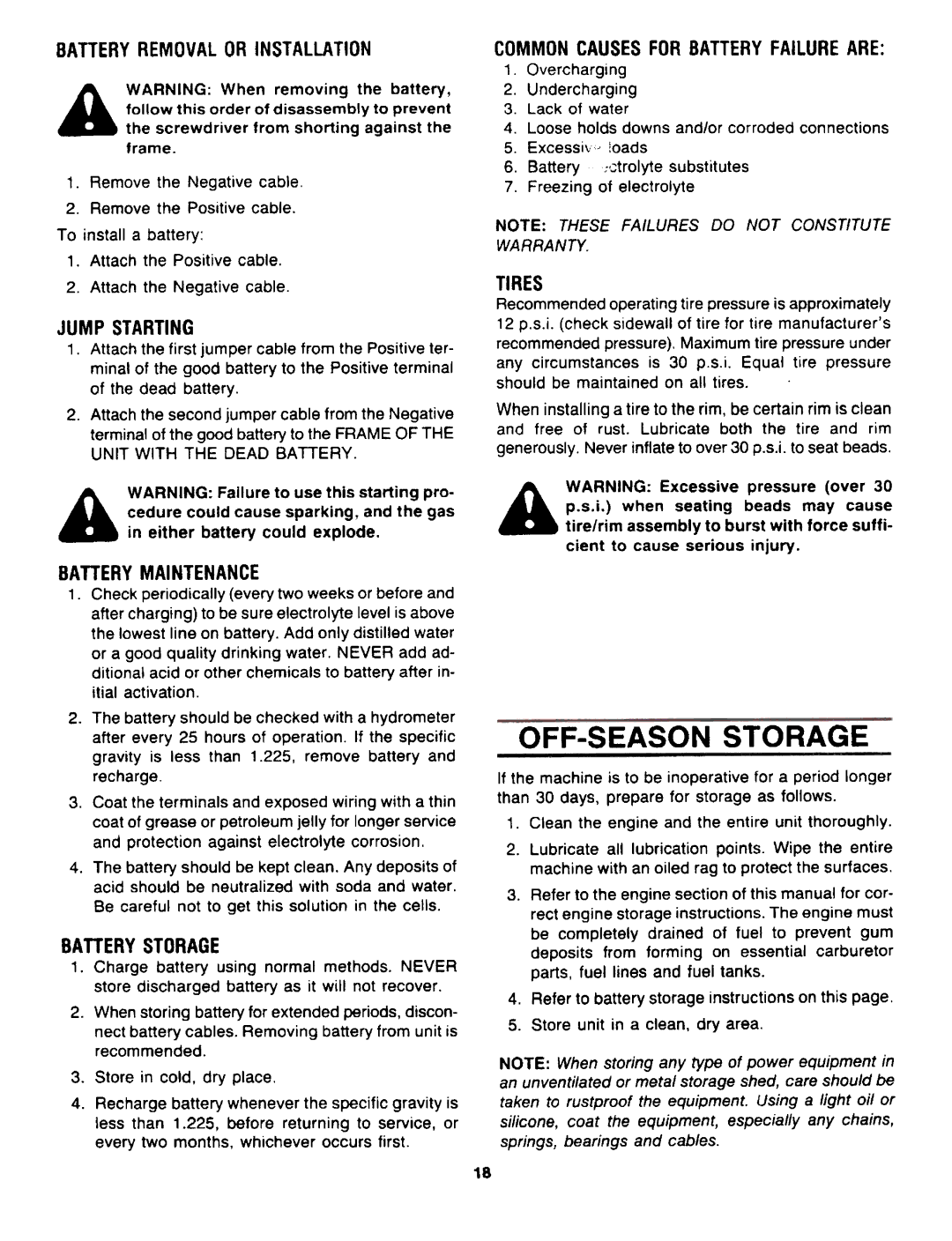 Bolens MTD7122B09 manual Storage, Off-Season, Jump Starting, Tires 