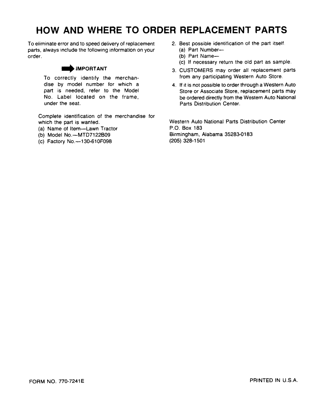 Bolens MTD7122B09 manual HOW and Where to Order Replacement Parts 