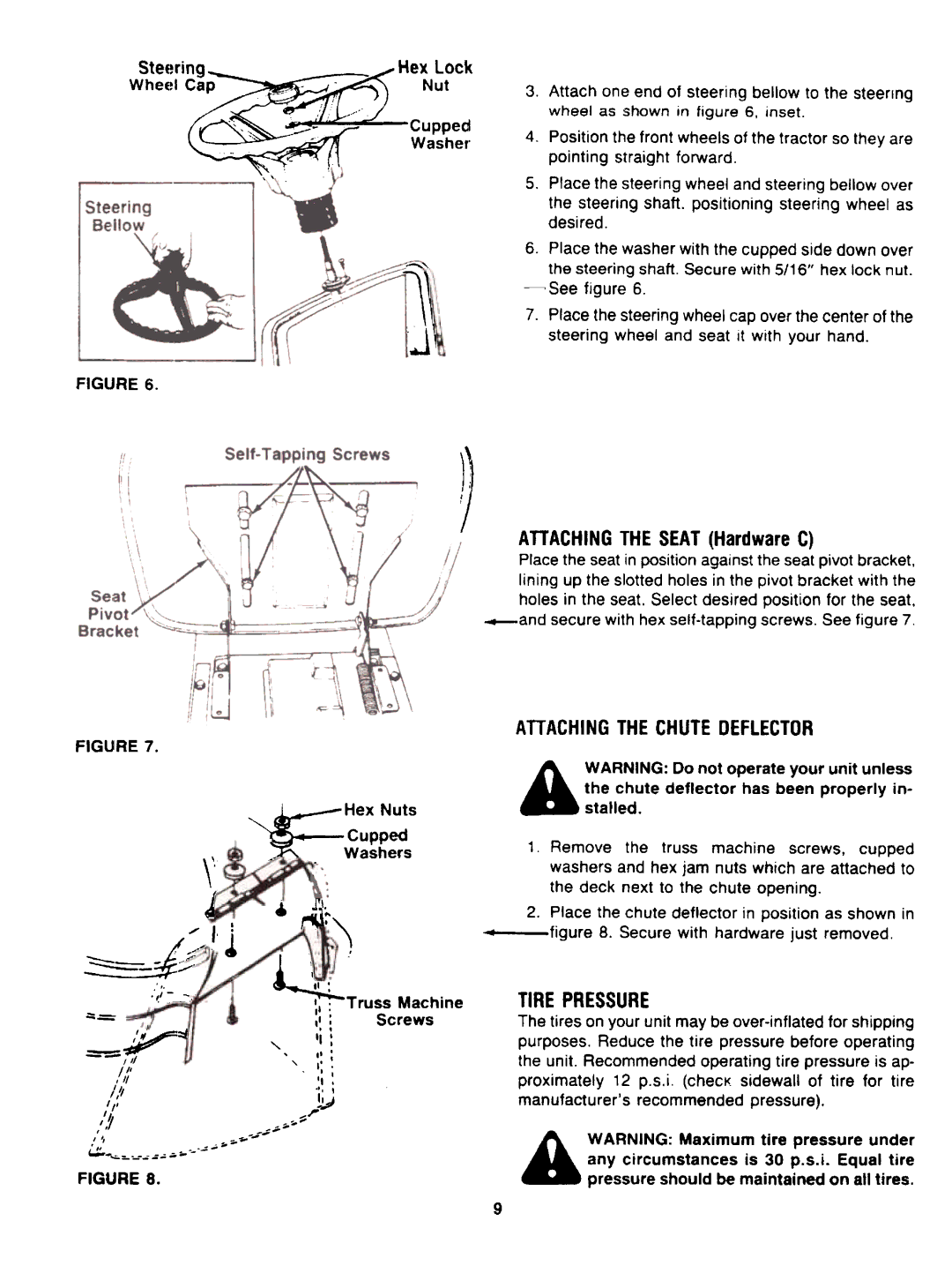 Bolens MTD7122B09 manual AnACHINGTHECHUTEDEFLECTOR, WheelSteeri, Attachingthe SEATHardware C, Tire Pressure, ~,,=.. ~ 