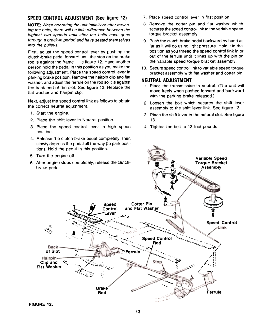 Bolens MTD7122B09 manual Neutraladjustment 