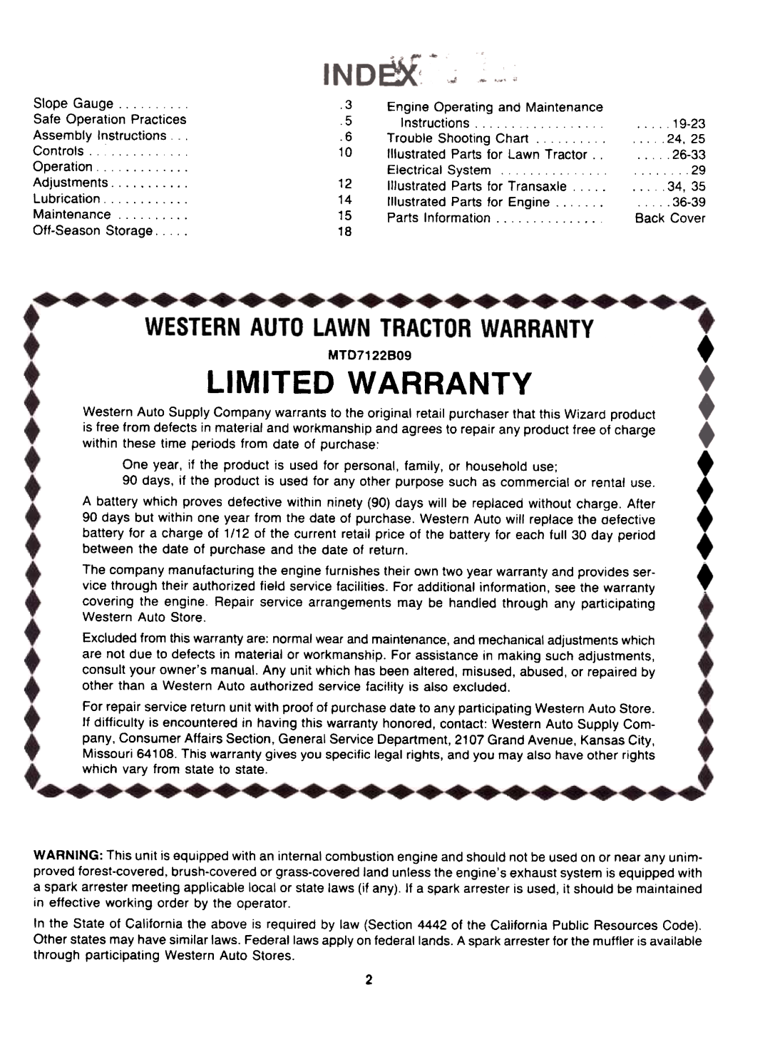 Bolens MTD7122B09 manual Limited Warranty, MTD7122BO9 
