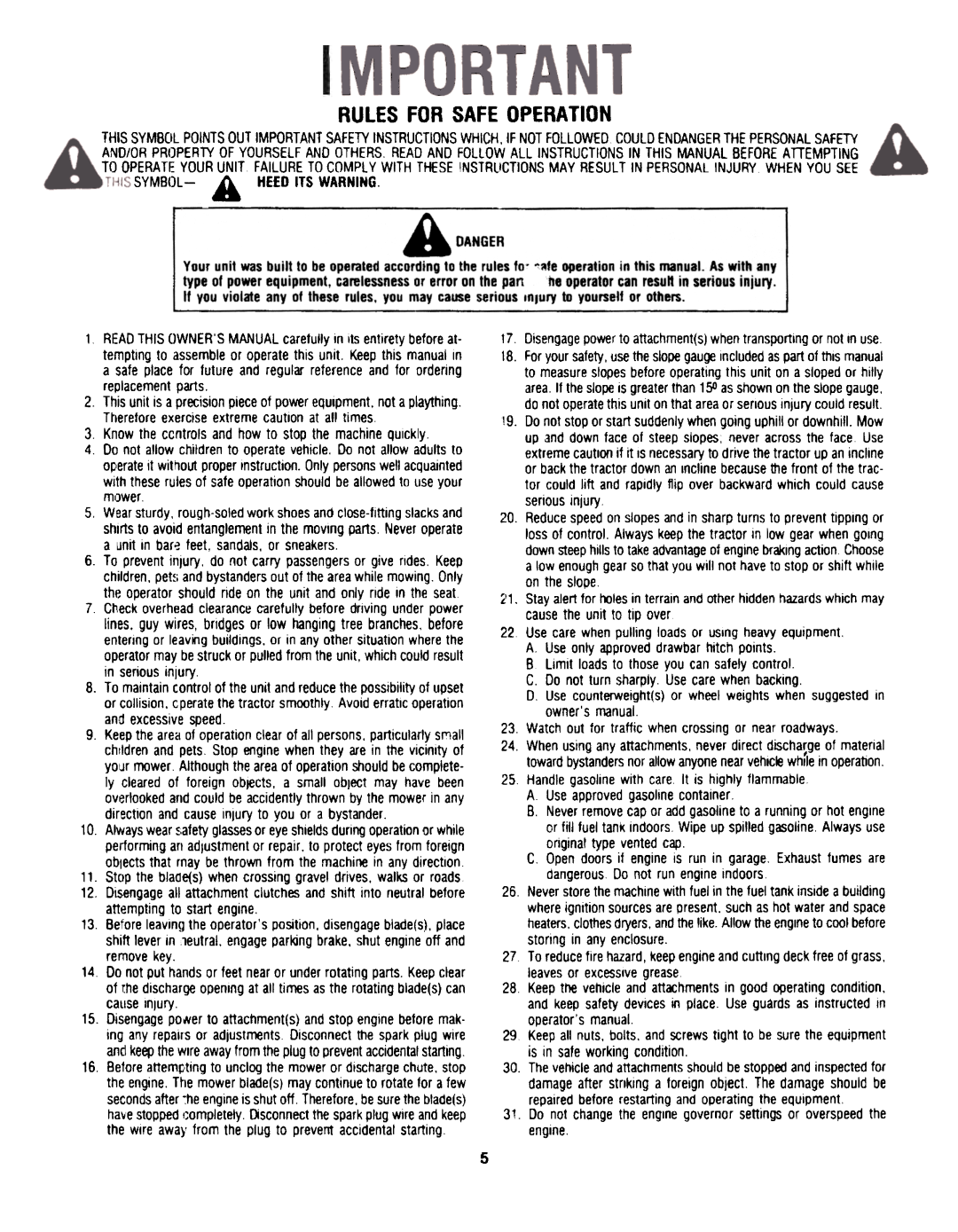 Bolens MTD7122B09 manual RULESFORSAFE OPERAliON, SYMBOl- A HEEDITSWARNING 