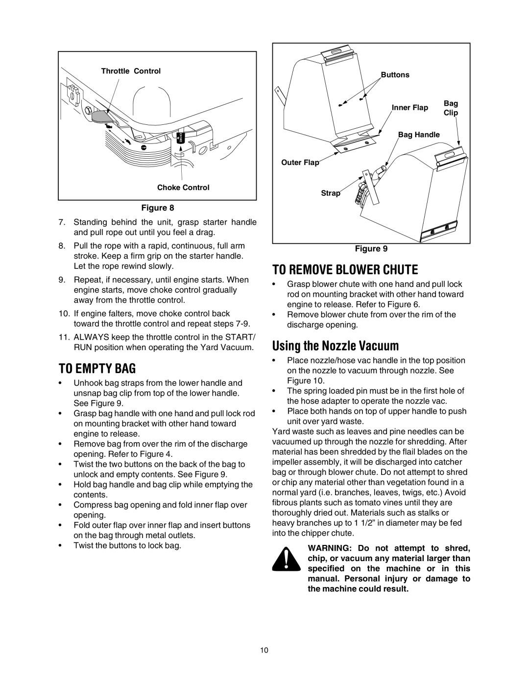 Bolens No. 247.770550 operating instructions To Empty BAG, To Remove Blower Chute, Using the Nozzle Vacuum 