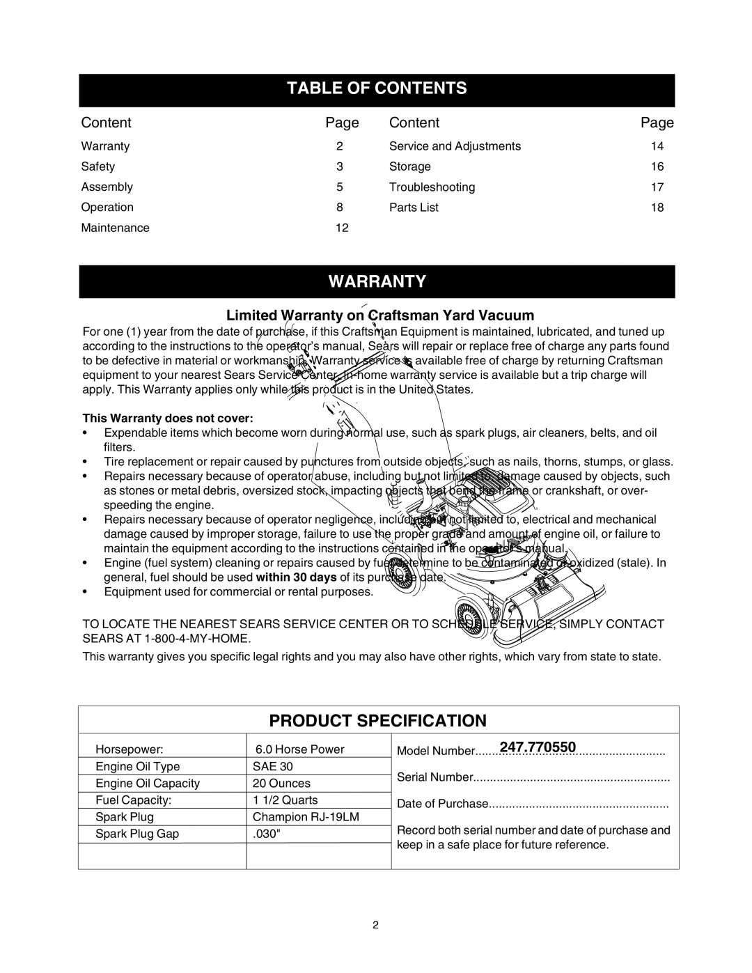 Bolens No. 247.770550 operating instructions Table of Contents, Warranty 